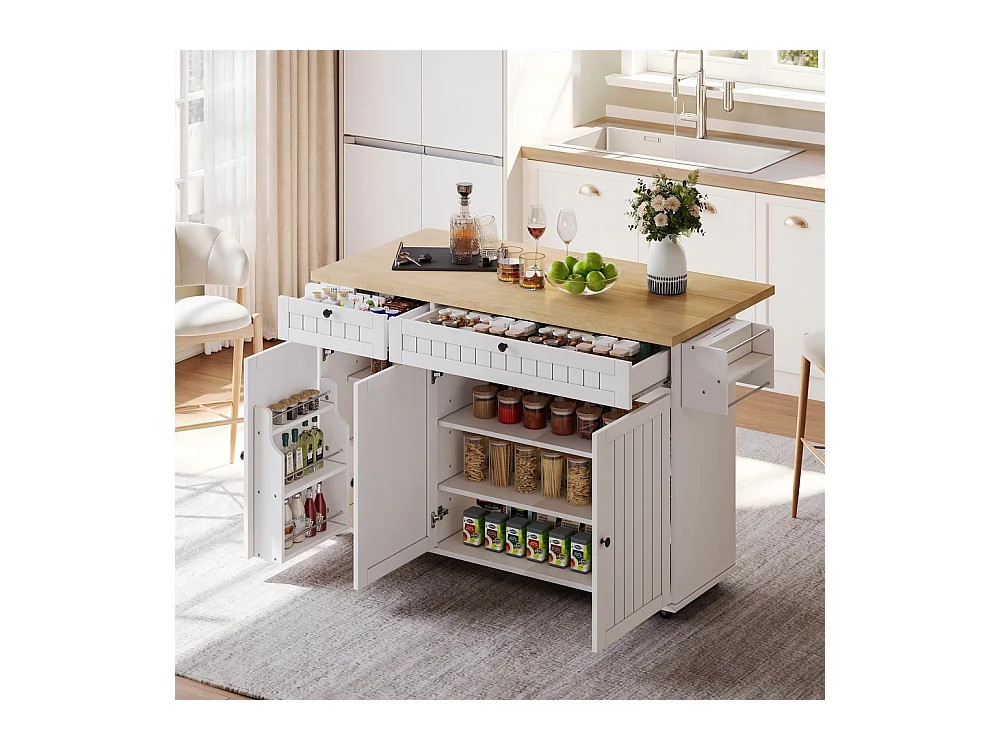 Îlot central plan travail rabattable armoire 6 roulettes verrouillables étagère étagère porte 2 tiroirs blanc