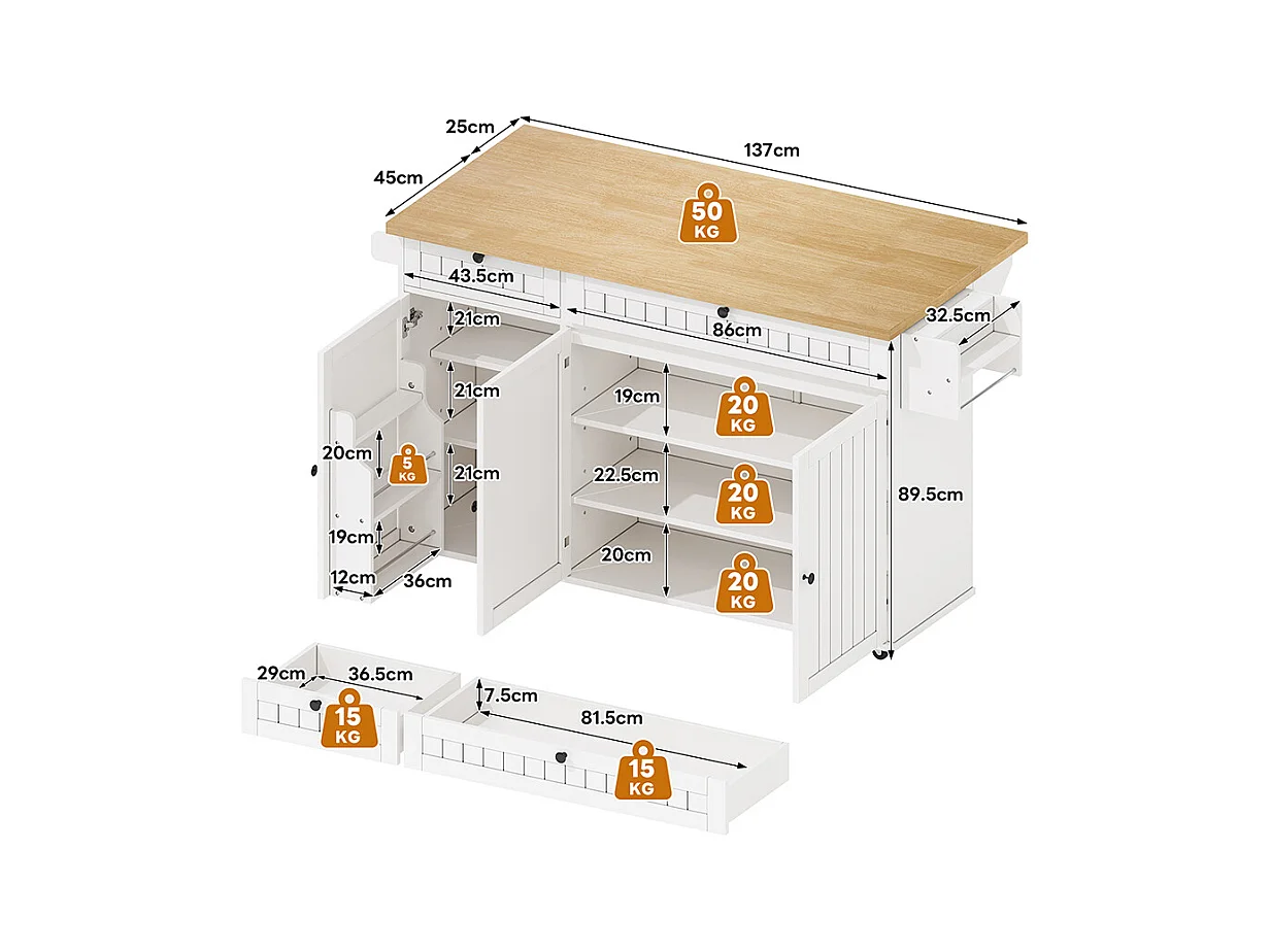 Îlot central plan travail rabattable armoire 6 roulettes verrouillables étagère étagère porte 2 tiroirs blanc