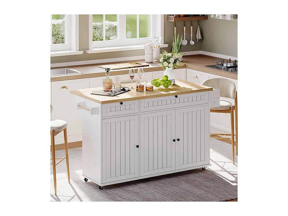 Îlot central plan travail rabattable armoire 6 roulettes verrouillables étagère étagère porte 2 tiroirs blanc