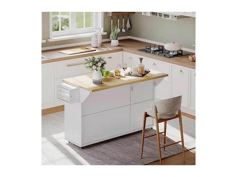 Îlot central plan travail rabattable armoire 6 roulettes verrouillables étagère étagère porte 2 tiroirs blanc