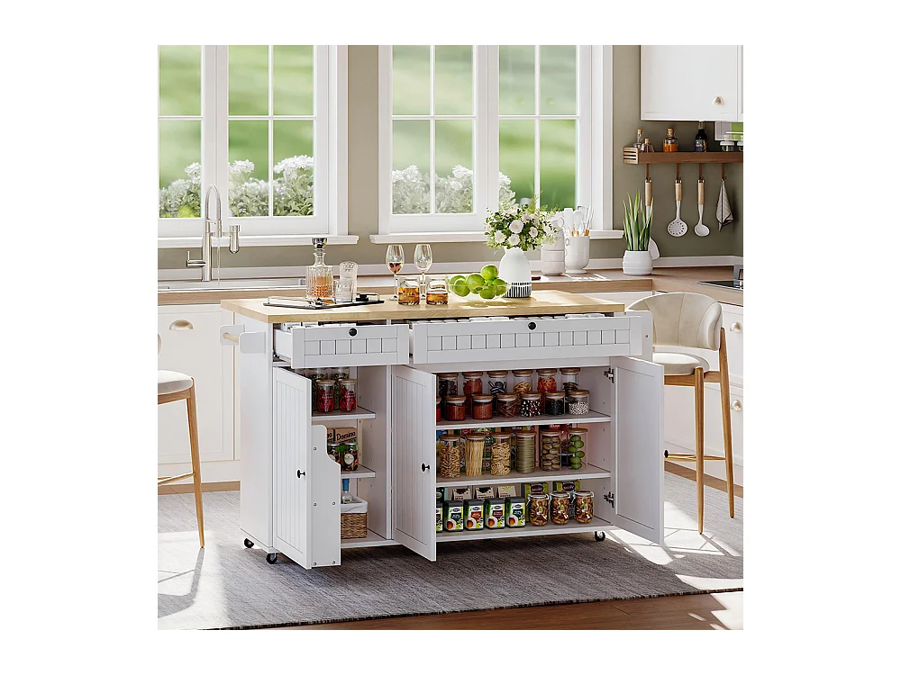 Îlot central plan travail rabattable armoire 6 roulettes verrouillables étagère étagère porte 2 tiroirs blanc