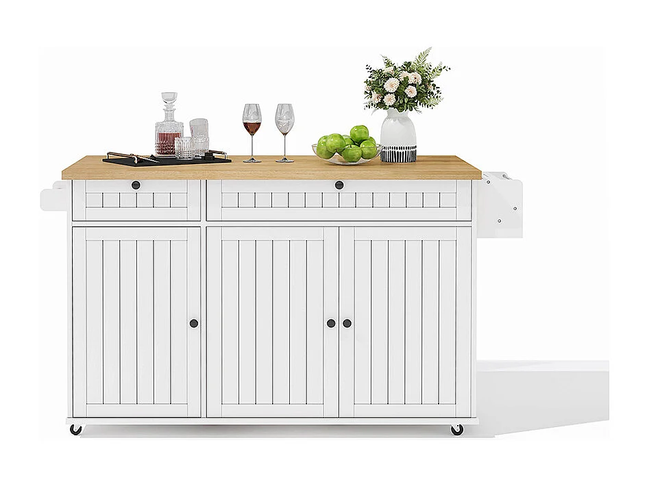 Îlot central plan travail rabattable armoire 6 roulettes verrouillables étagère étagère porte 2 tiroirs blanc