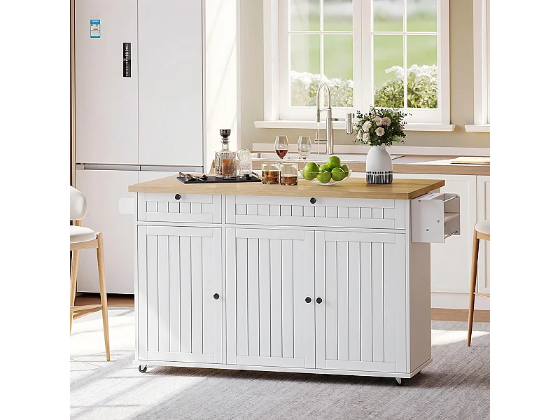 Îlot central plan travail rabattable armoire 6 roulettes verrouillables étagère étagère porte 2 tiroirs blanc