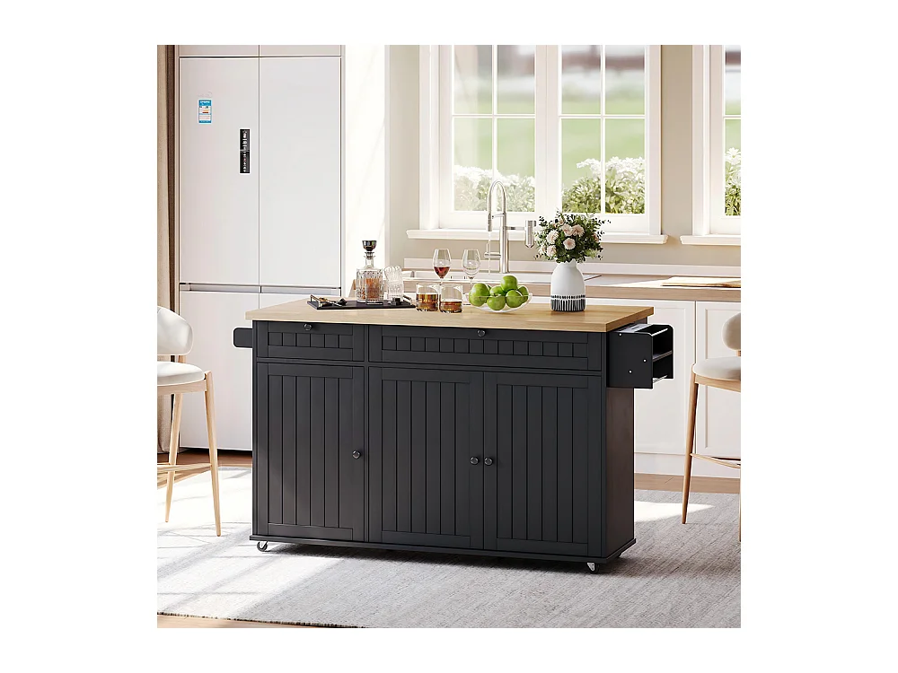 Îlot central plan travail rabattable armoire 6 roulettes verrouillables étagère porte-serviettes 2 tiroirs noir