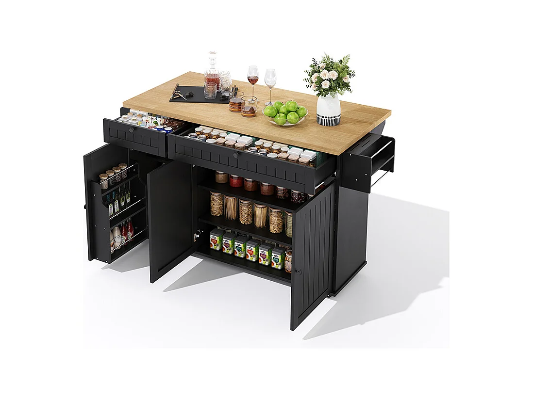 Îlot central plan travail rabattable armoire 6 roulettes verrouillables étagère porte-serviettes 2 tiroirs noir