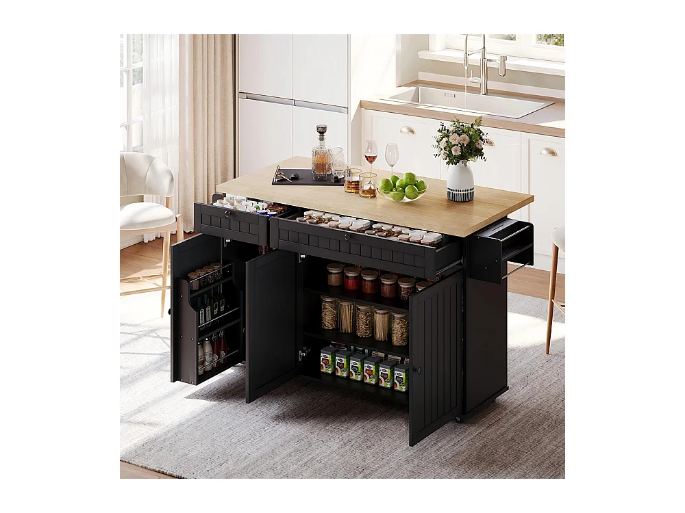 Îlot central plan travail rabattable armoire 6 roulettes verrouillables étagère porte-serviettes 2 tiroirs noir