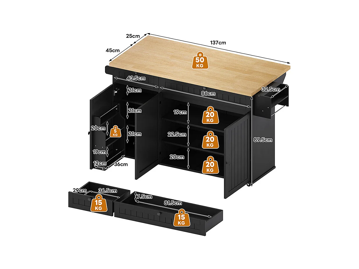 Îlot central plan travail rabattable armoire 6 roulettes verrouillables étagère porte-serviettes 2 tiroirs noir