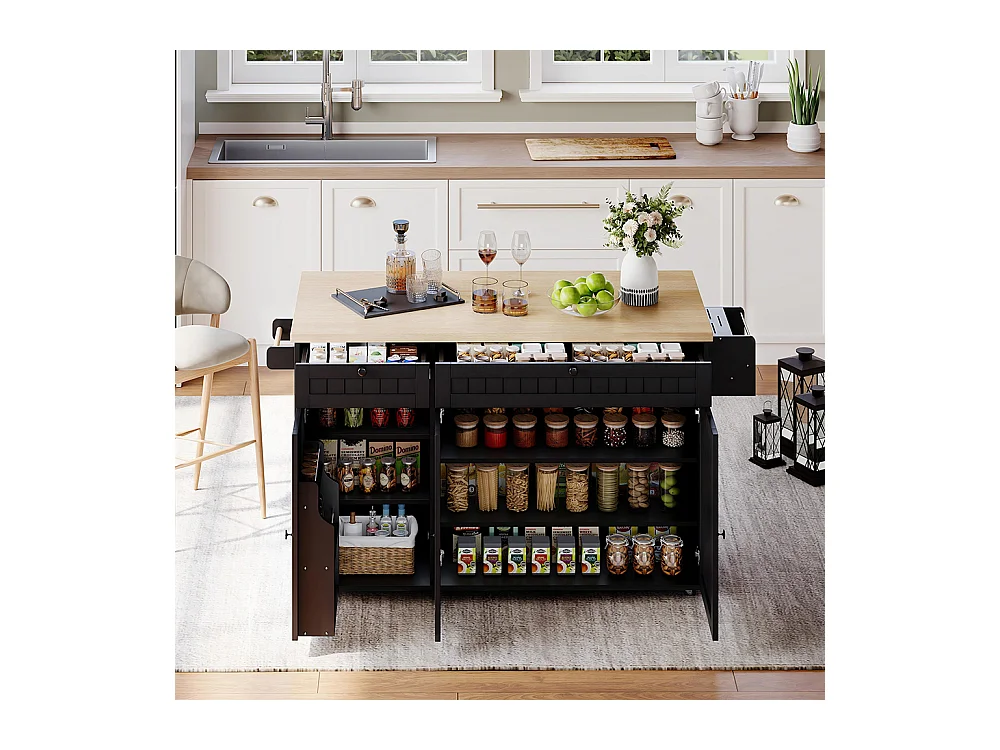 Îlot central plan travail rabattable armoire 6 roulettes verrouillables étagère porte-serviettes 2 tiroirs noir