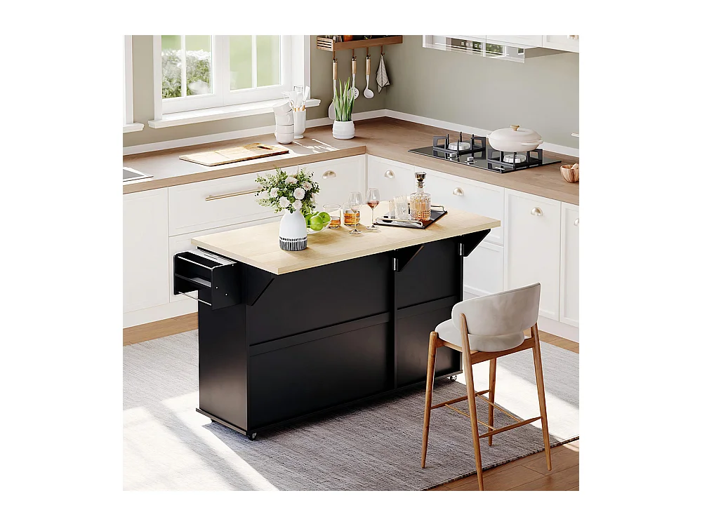 Îlot central plan travail rabattable armoire 6 roulettes verrouillables étagère porte-serviettes 2 tiroirs noir