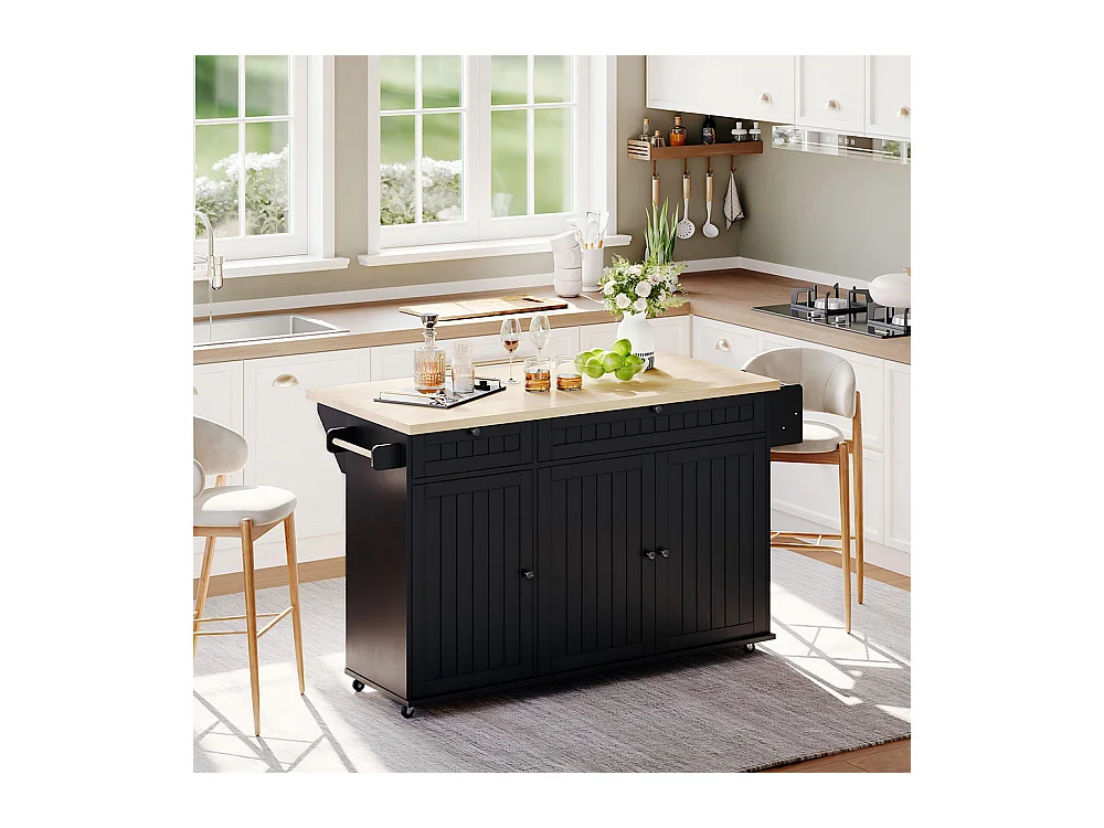 Îlot central plan travail rabattable armoire 6 roulettes verrouillables étagère porte-serviettes 2 tiroirs noir