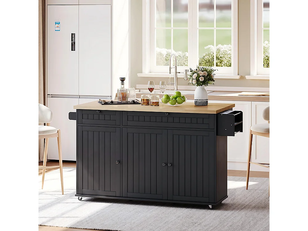 Îlot central plan travail rabattable armoire 6 roulettes verrouillables étagère porte-serviettes 2 tiroirs noir