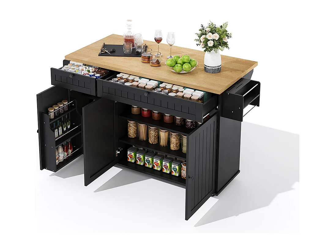 Îlot central plan travail rabattable armoire 6 roulettes verrouillables étagère porte-serviettes 2 tiroirs noir