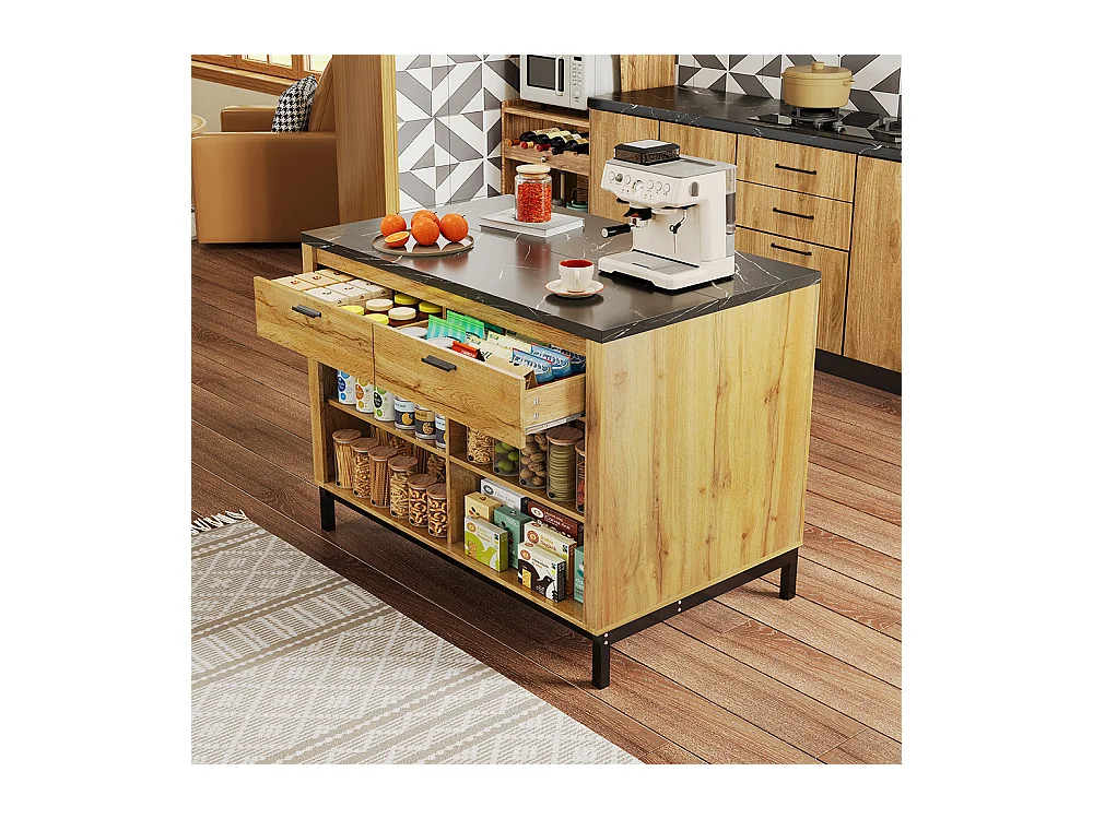 Îlot central rustique 2 tiroirs 4 étagères chêne plateau marbre noir structure métallique coin bar