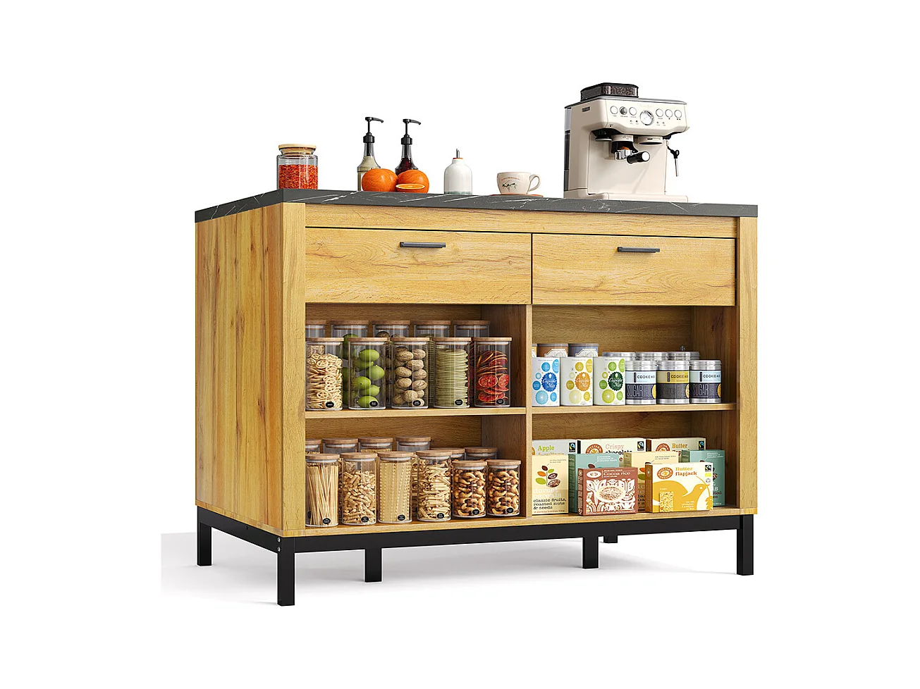 Îlot central rustique 2 tiroirs 4 étagères chêne plateau marbre noir structure métallique coin bar