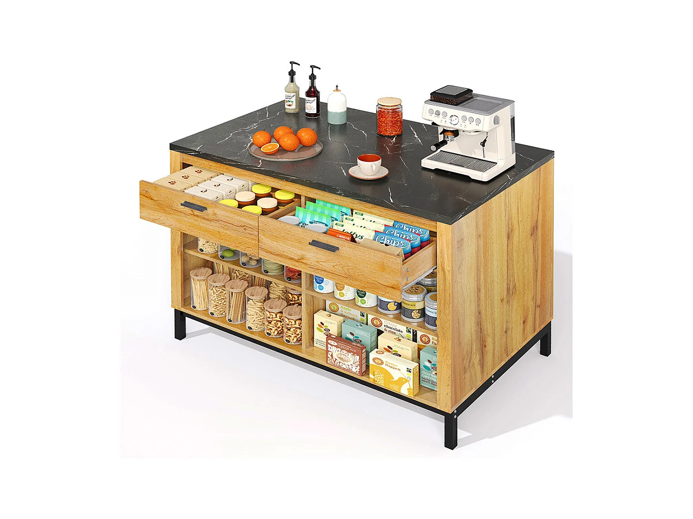 Îlot central rustique 2 tiroirs 4 étagères chêne plateau marbre noir structure métallique coin bar