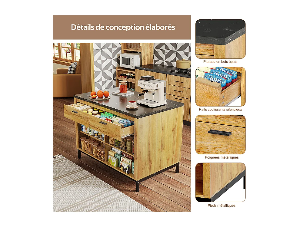 Îlot central rustique 2 tiroirs 4 étagères chêne plateau marbre noir structure métallique coin bar