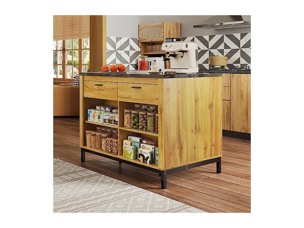 Îlot central rustique 2 tiroirs 4 étagères chêne plateau marbre noir structure métallique coin bar