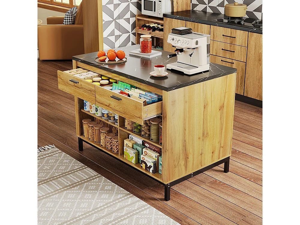 Îlot central rustique 2 tiroirs 4 étagères chêne plateau marbre noir structure métallique coin bar