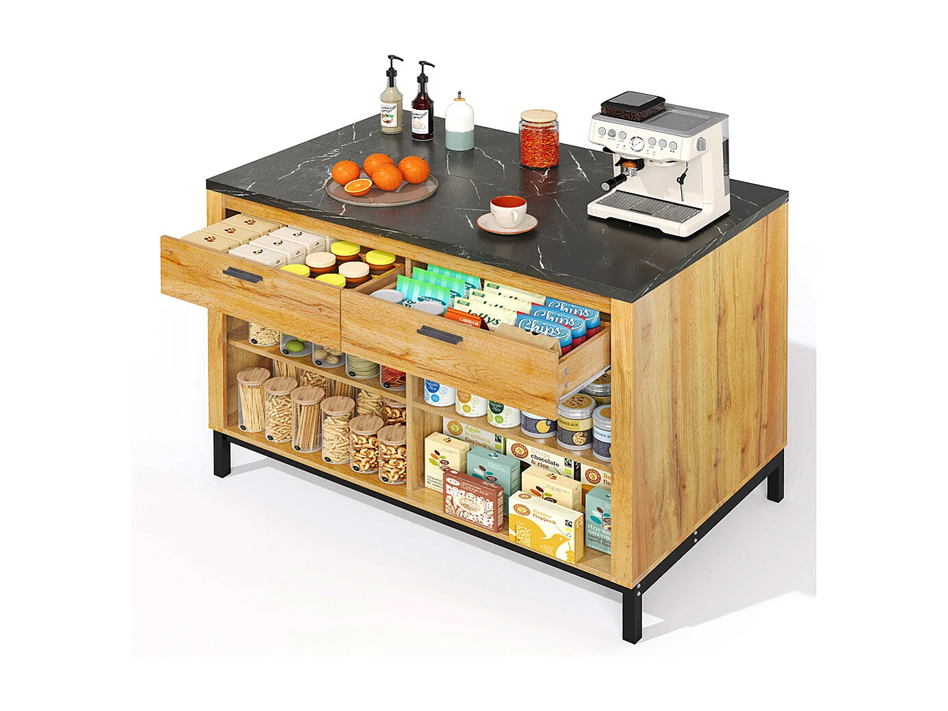 Îlot central rustique 2 tiroirs 4 étagères chêne plateau marbre noir structure métallique coin bar