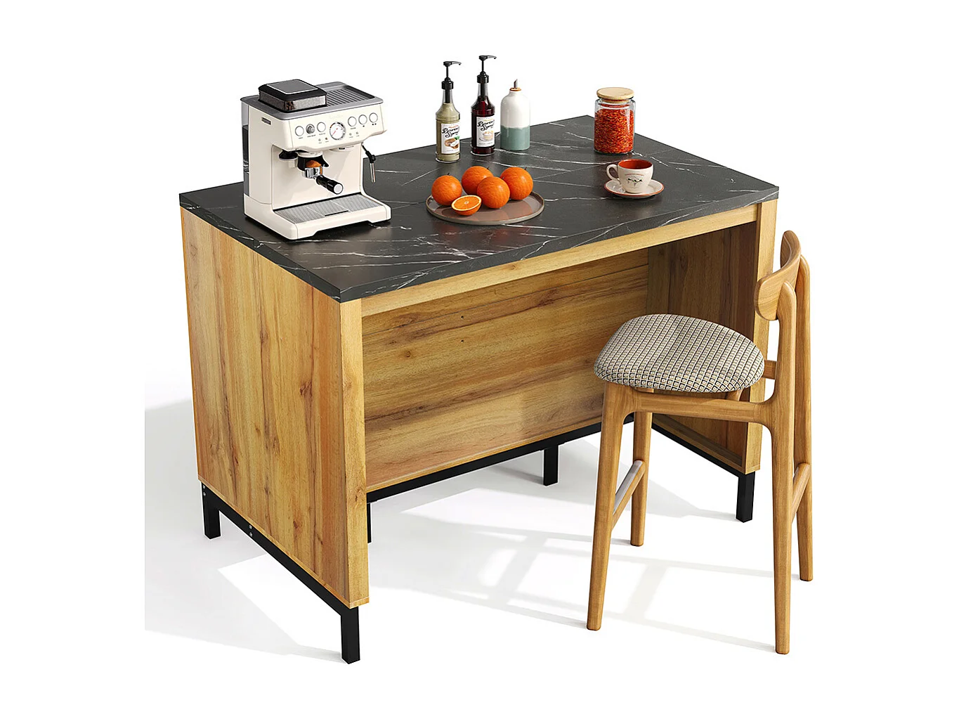 Îlot central rustique 2 tiroirs 4 étagères chêne plateau marbre noir structure métallique coin bar