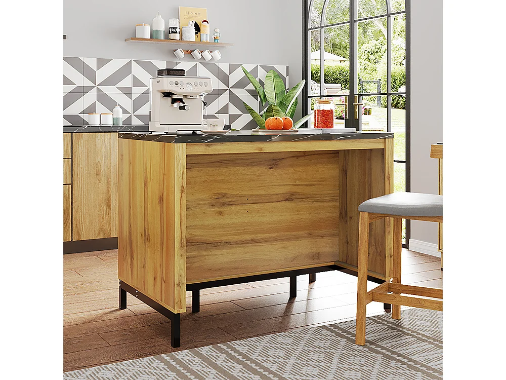 Îlot central rustique 2 tiroirs 4 étagères chêne plateau marbre noir structure métallique coin bar