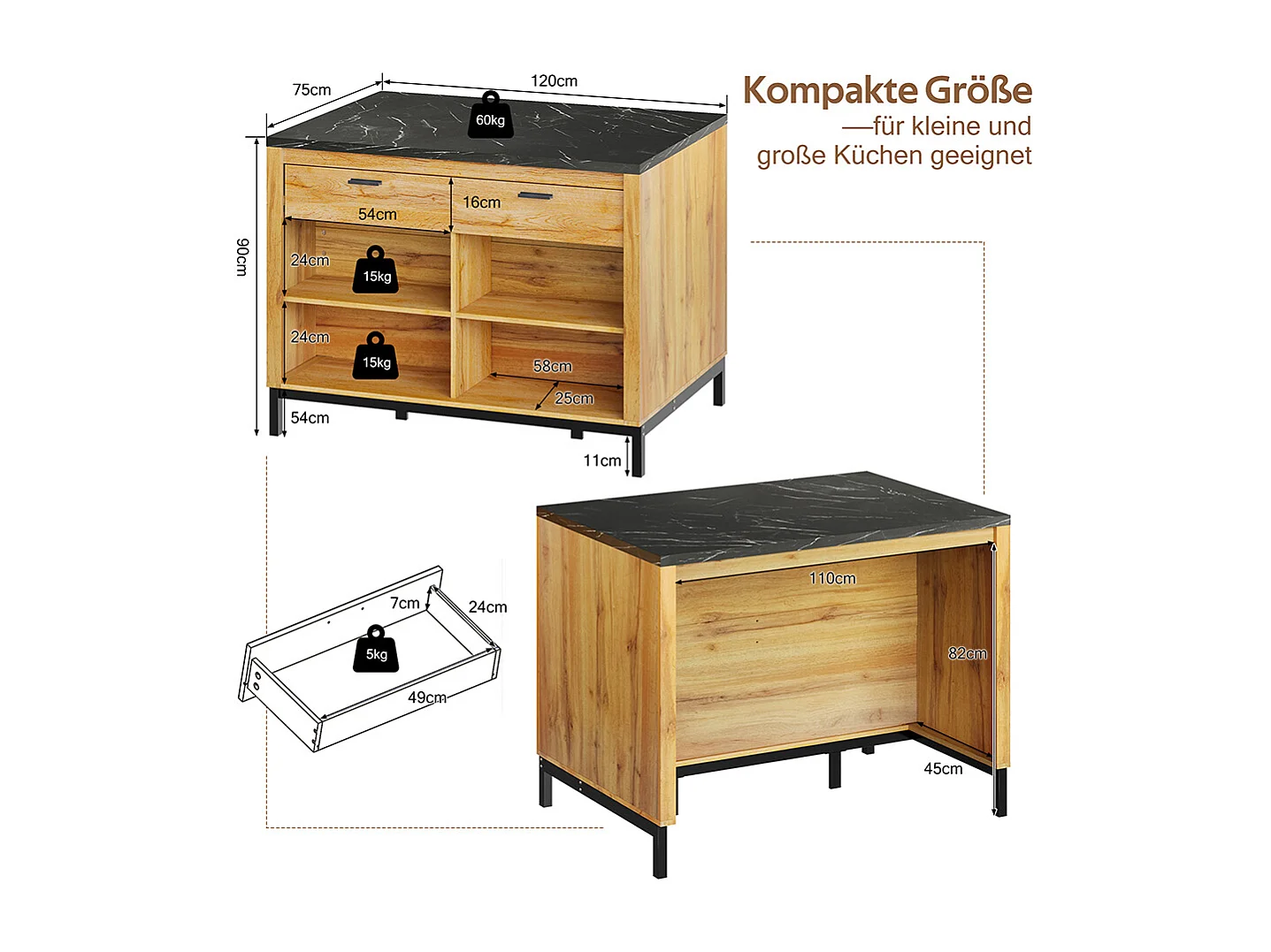 Îlot central rustique 2 tiroirs 4 étagères chêne plateau marbre noir structure métallique coin bar