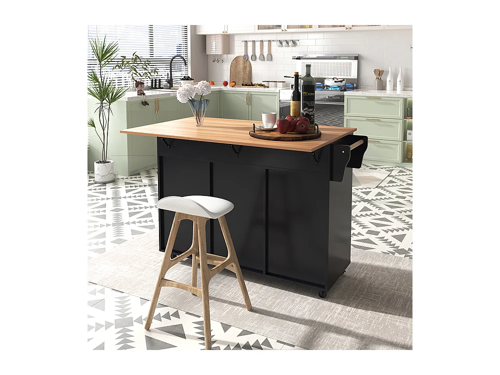 Îlot central chariot plateau rabattable étagères portes armoire îlot 5 roulettes rangement 2 tiroirs salle à manger noir
