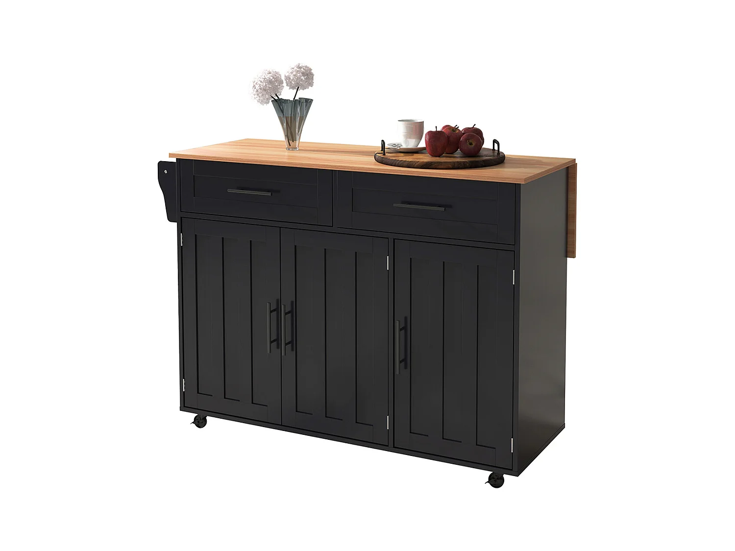Îlot central chariot plateau rabattable étagères portes armoire îlot 5 roulettes rangement 2 tiroirs salle à manger noir