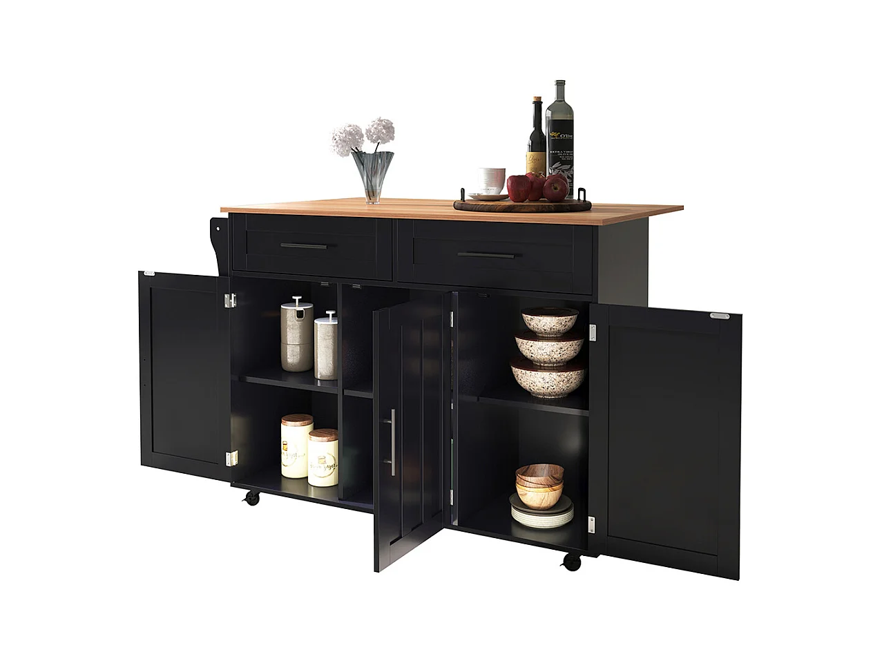 Îlot central chariot plateau rabattable étagères portes armoire îlot 5 roulettes rangement 2 tiroirs salle à manger noir