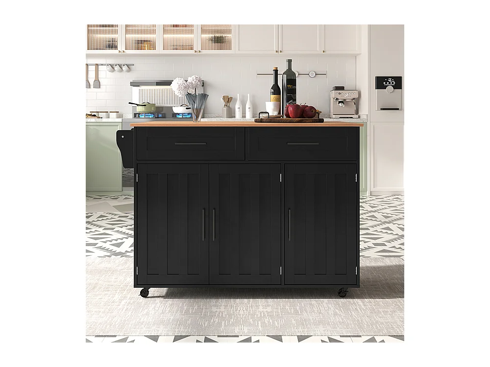 Îlot central chariot plateau rabattable étagères portes armoire îlot 5 roulettes rangement 2 tiroirs salle à manger noir