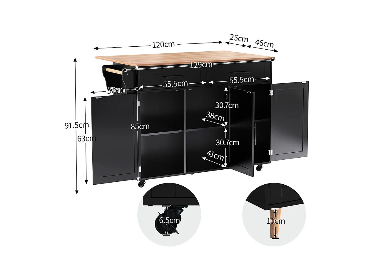 Îlot central chariot plateau rabattable étagères portes armoire îlot 5 roulettes rangement 2 tiroirs salle à manger noir