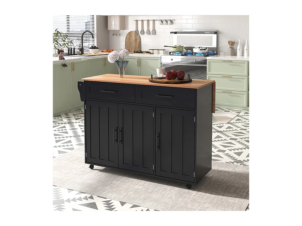 Îlot central chariot plateau rabattable étagères portes armoire îlot 5 roulettes rangement 2 tiroirs salle à manger noir