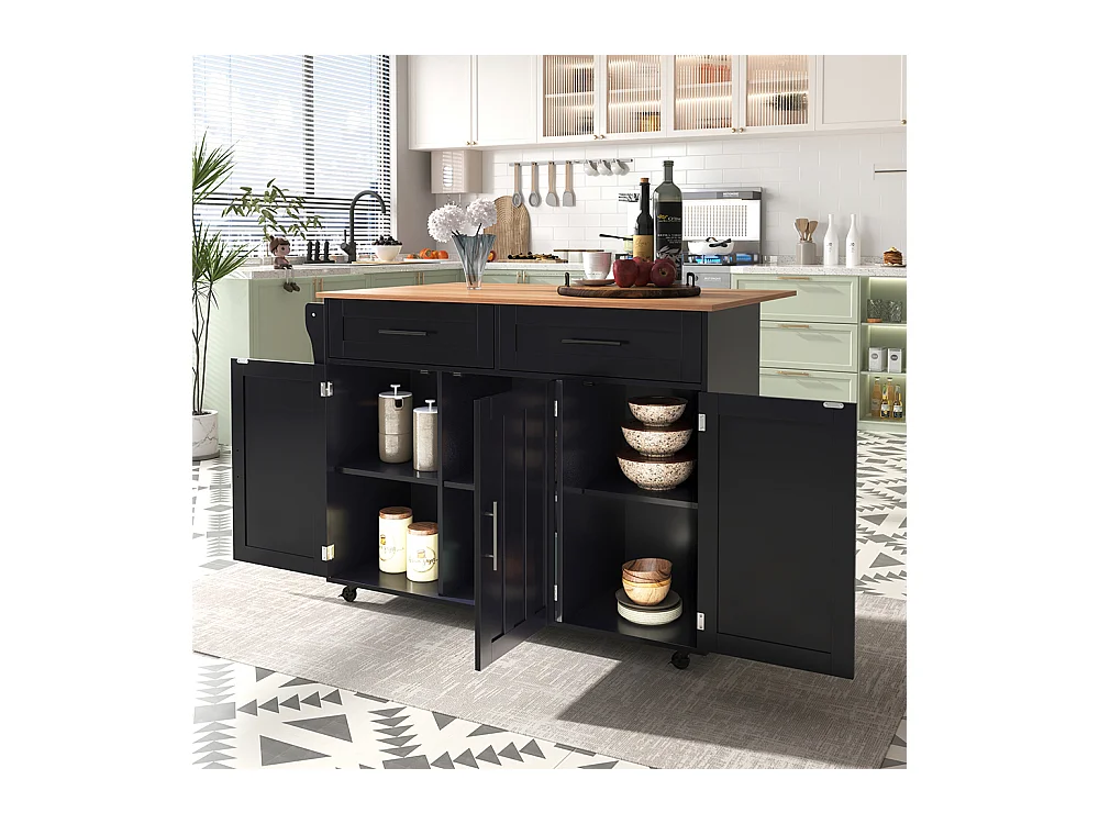 Îlot central chariot plateau rabattable étagères portes armoire îlot 5 roulettes rangement 2 tiroirs salle à manger noir