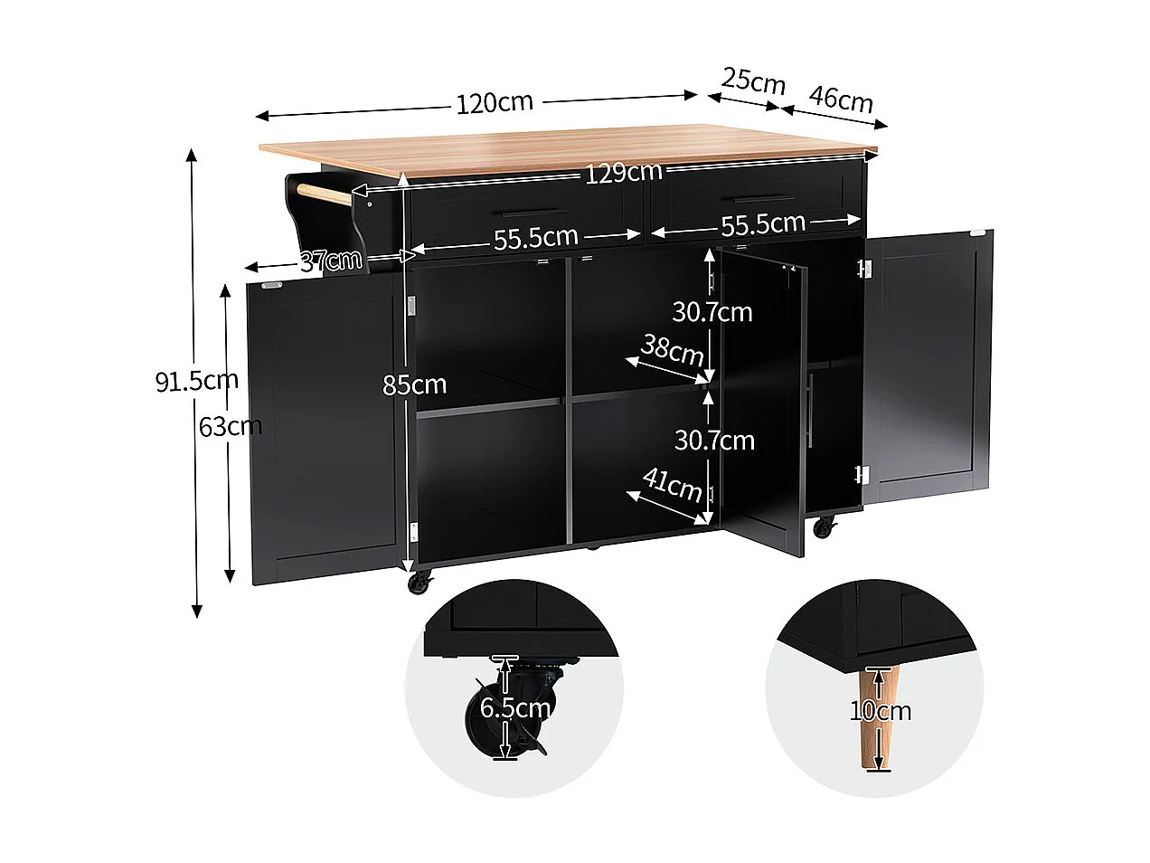 Îlot central chariot plateau rabattable étagères portes armoire îlot 5 roulettes rangement 2 tiroirs salle à manger noir