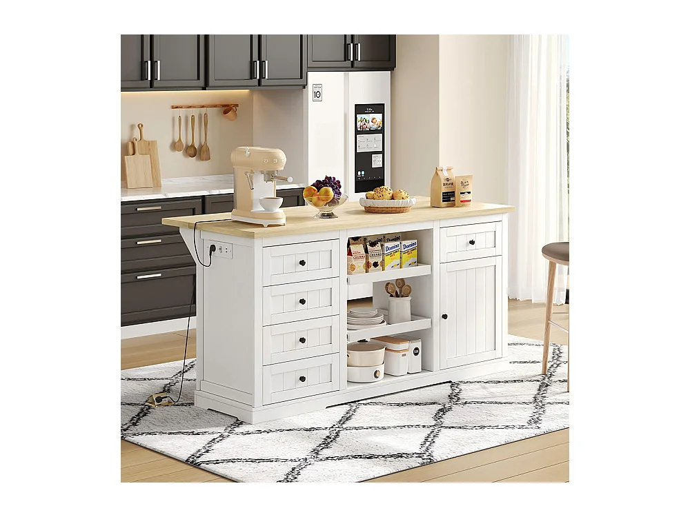 Îlot central meuble bar 5 tiroirs 2 étagères coulissantes plateau extension rabattable prises intégrées blanc