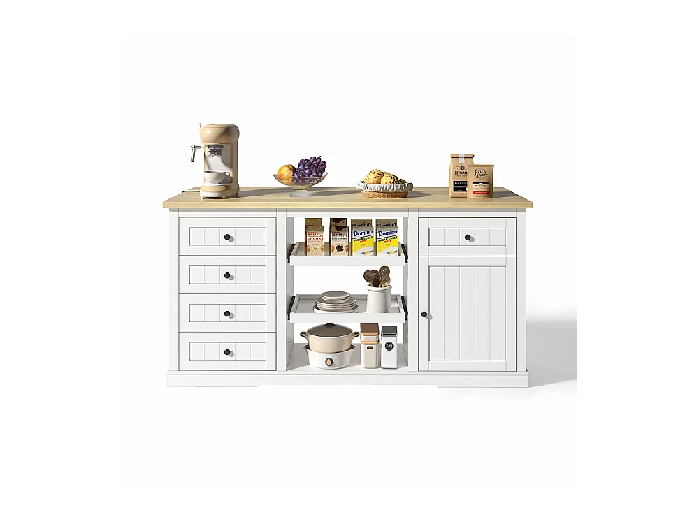 Îlot central meuble bar 5 tiroirs 2 étagères coulissantes plateau extension rabattable prises intégrées blanc