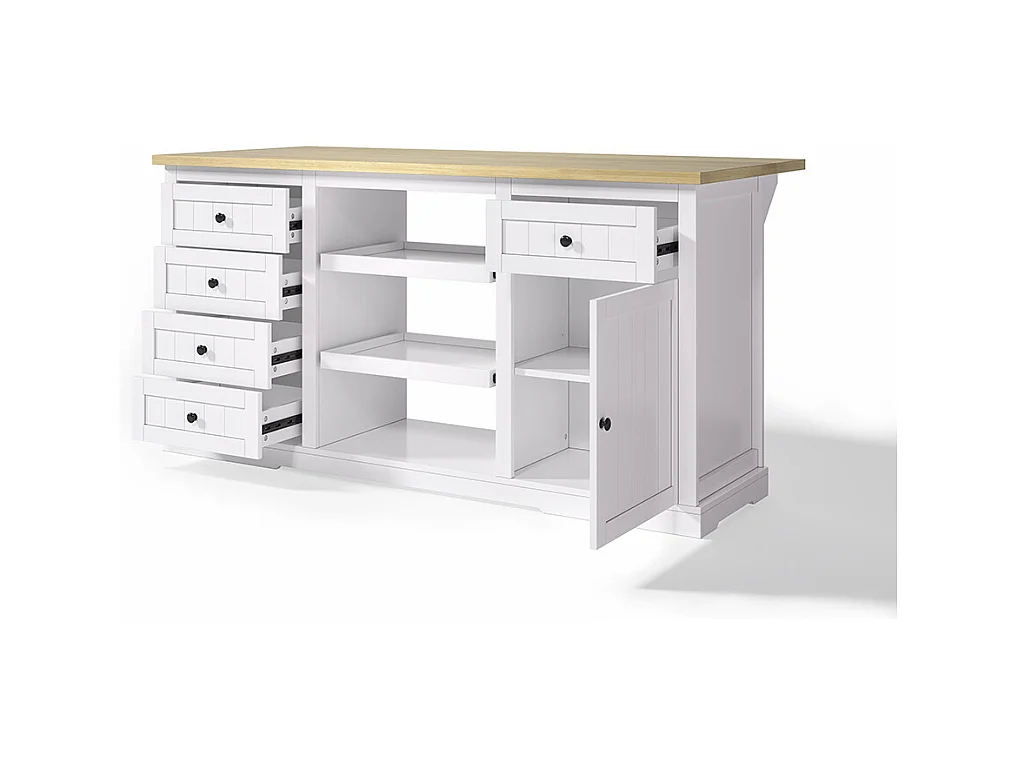 Îlot central meuble bar 5 tiroirs 2 étagères coulissantes plateau extension rabattable prises intégrées blanc
