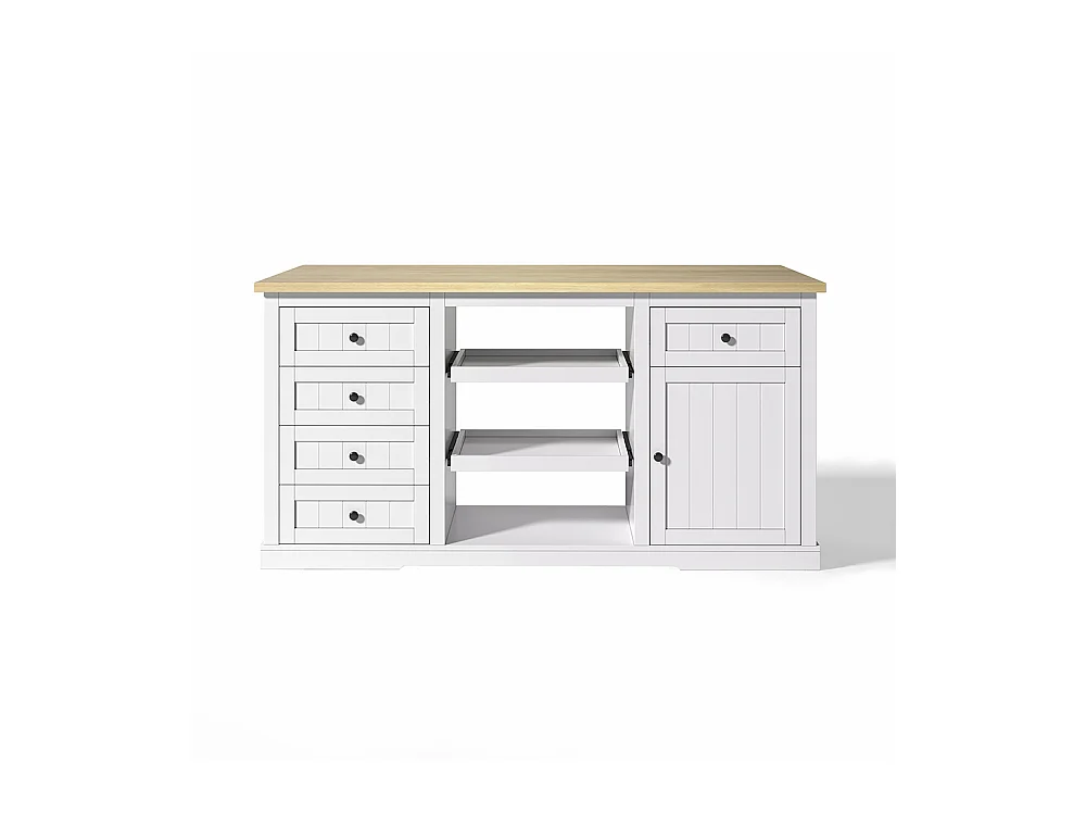 Îlot central meuble bar 5 tiroirs 2 étagères coulissantes plateau extension rabattable prises intégrées blanc