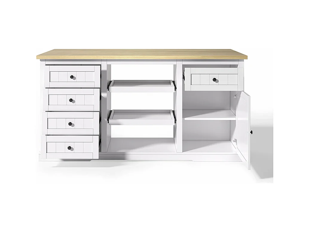 Îlot central meuble bar 5 tiroirs 2 étagères coulissantes plateau extension rabattable prises intégrées blanc