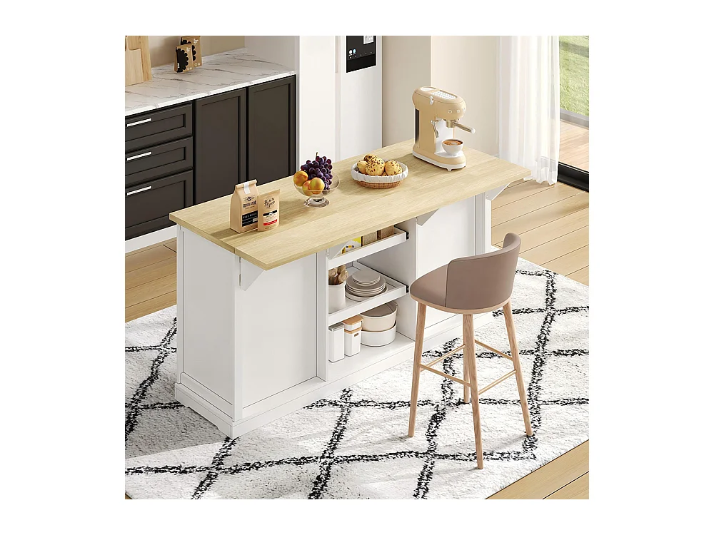 Îlot central meuble bar 5 tiroirs 2 étagères coulissantes plateau extension rabattable prises intégrées blanc