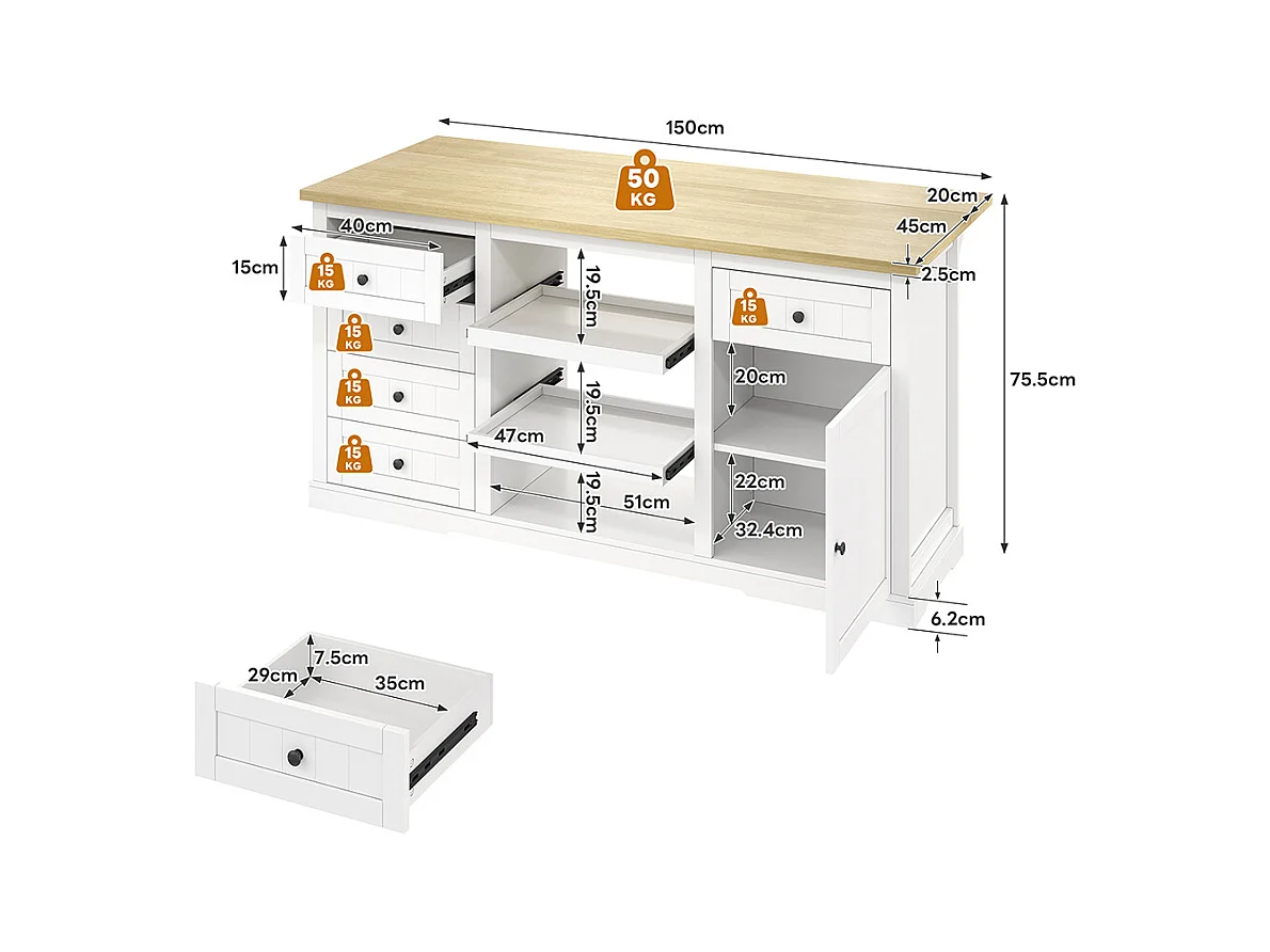 Îlot central meuble bar 5 tiroirs 2 étagères coulissantes plateau extension rabattable prises intégrées blanc