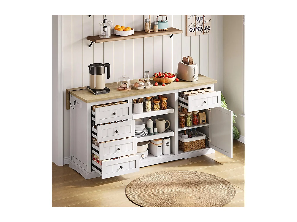 Îlot central meuble bar 5 tiroirs 2 étagères coulissantes plateau extension rabattable prises intégrées blanc