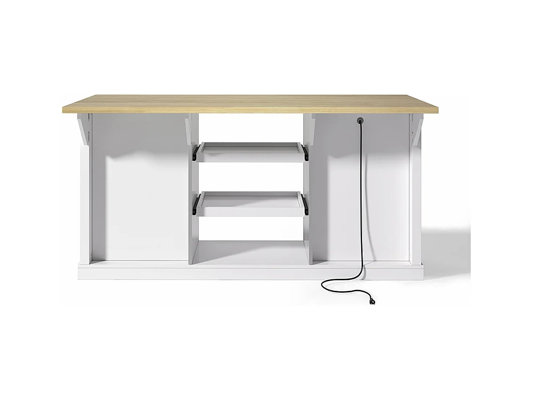 Îlot central meuble bar 5 tiroirs 2 étagères coulissantes plateau extension rabattable prises intégrées blanc