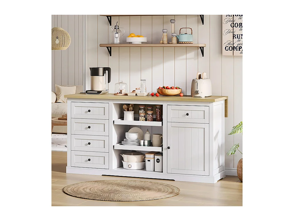 Îlot central meuble bar 5 tiroirs 2 étagères coulissantes plateau extension rabattable prises intégrées blanc