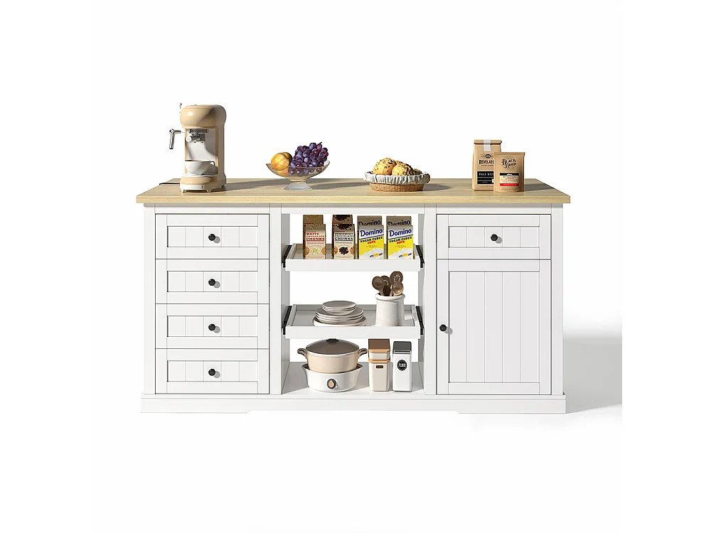 Îlot central meuble bar 5 tiroirs 2 étagères coulissantes plateau extension rabattable prises intégrées blanc