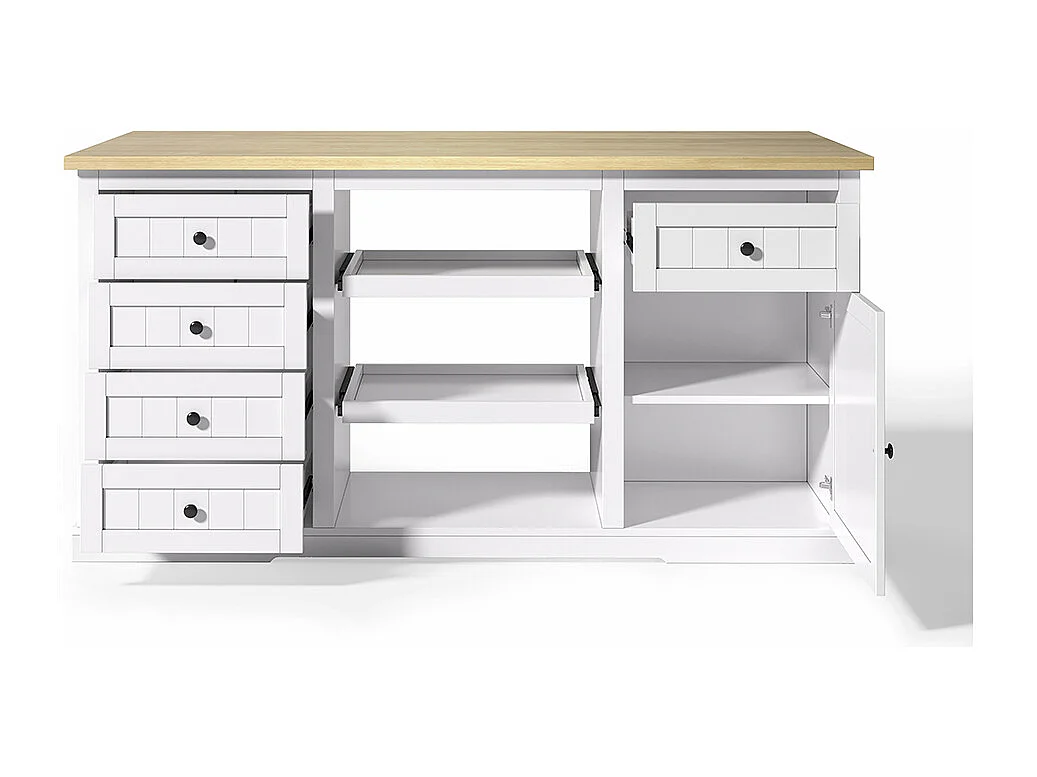 Îlot central meuble bar 5 tiroirs 2 étagères coulissantes plateau extension rabattable prises intégrées blanc