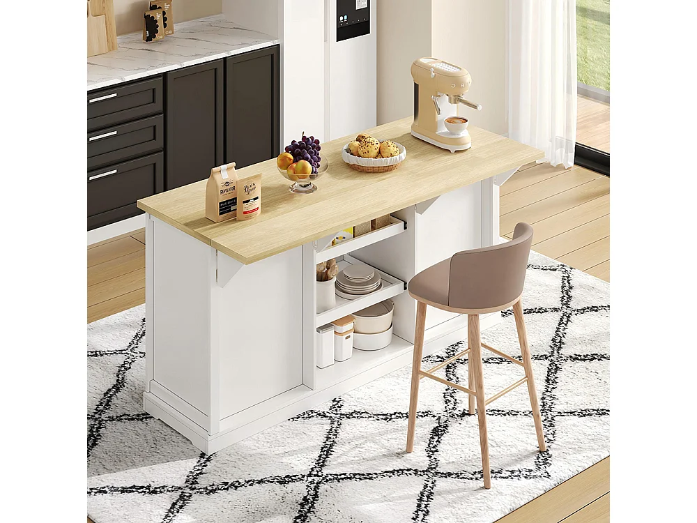 Îlot central meuble bar 5 tiroirs 2 étagères coulissantes plateau extension rabattable prises intégrées blanc