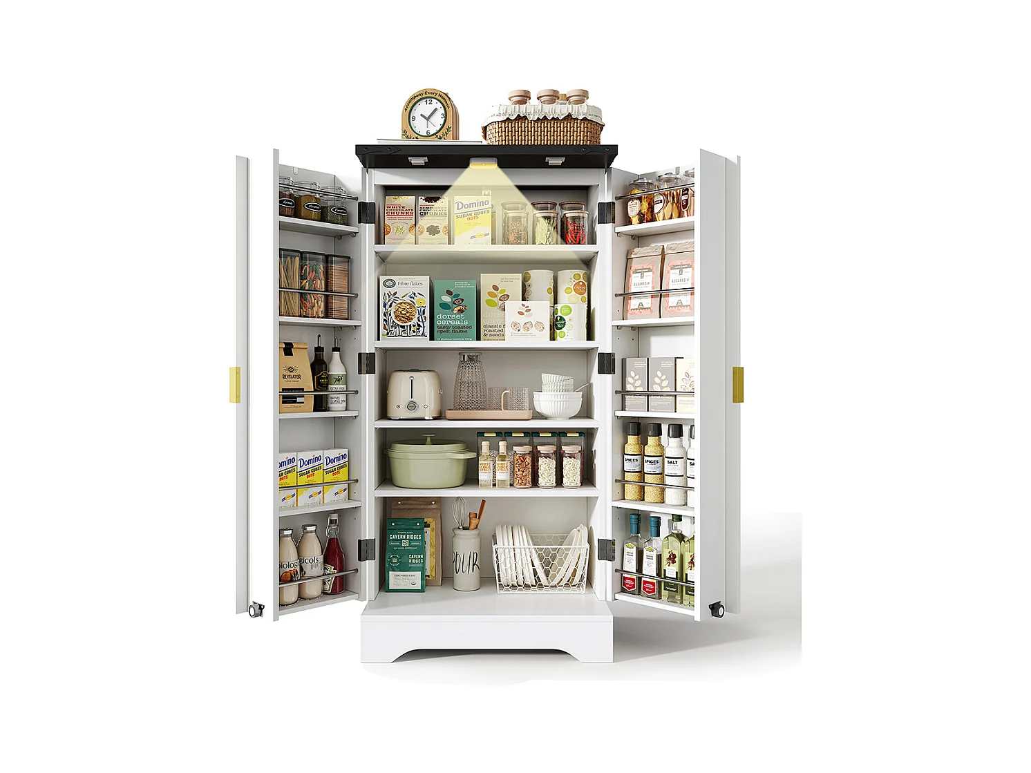 Vaisselier cuisine LED capteur étagère épices spacieuse double porte étagères réglables design moderne blanc