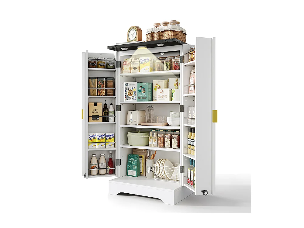 Vaisselier cuisine LED capteur étagère épices spacieuse double porte étagères réglables design moderne blanc