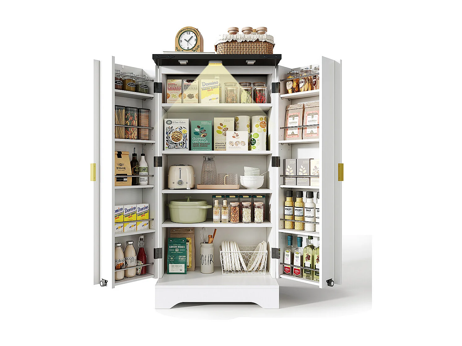 Vaisselier cuisine LED capteur étagère épices spacieuse double porte étagères réglables design moderne blanc